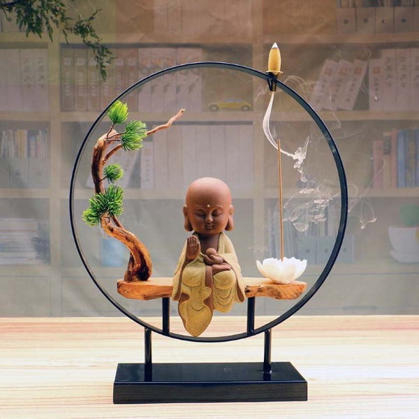 Sitting Buddha Round Big Backflow Incense Burner With Tree And Lotus Stick Holder