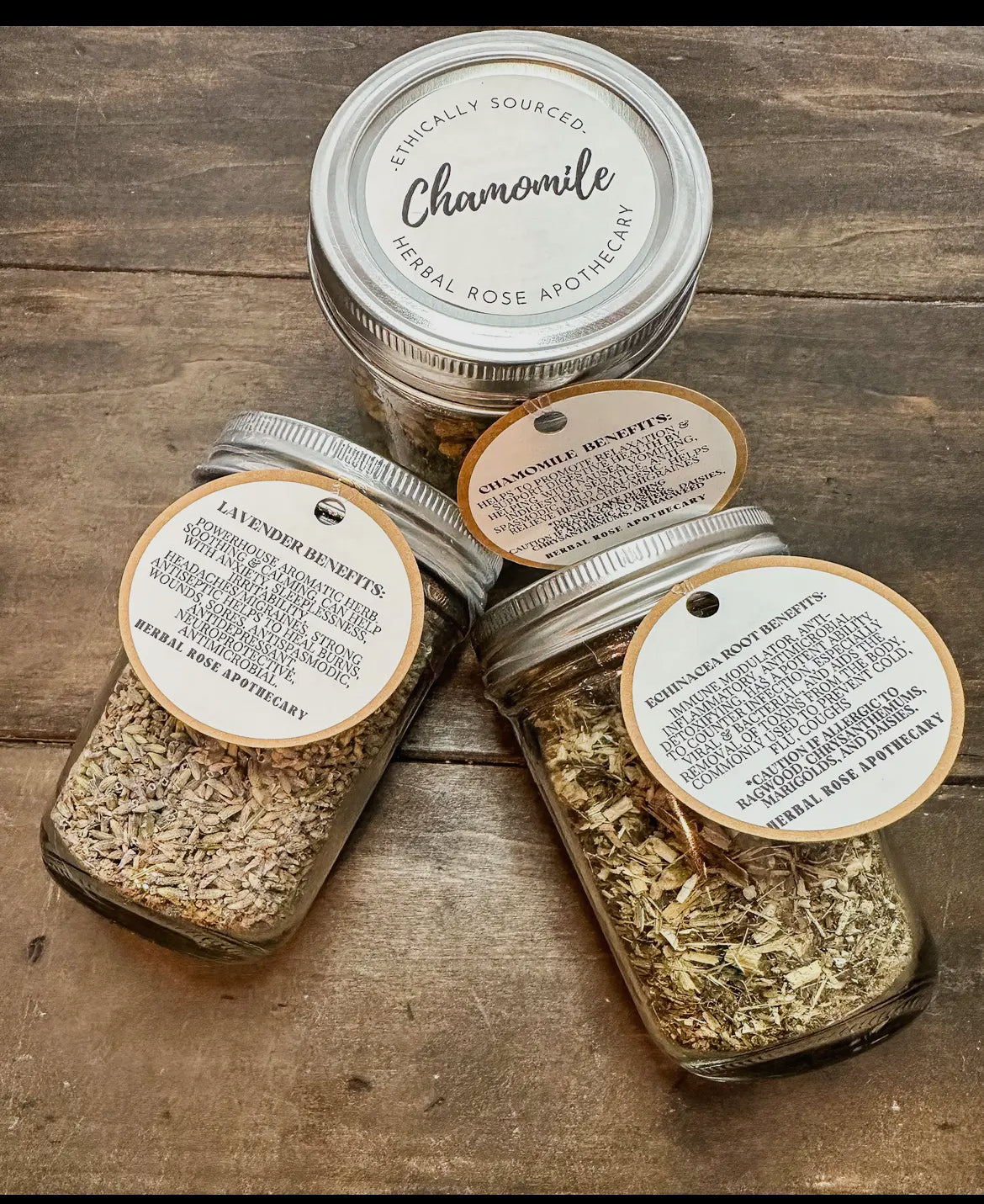 Dried Herbs Chamomile elderberry dandelion, Mint, peppermint, hibiscus in Small Jars from Herbal Rose Apothecary.
