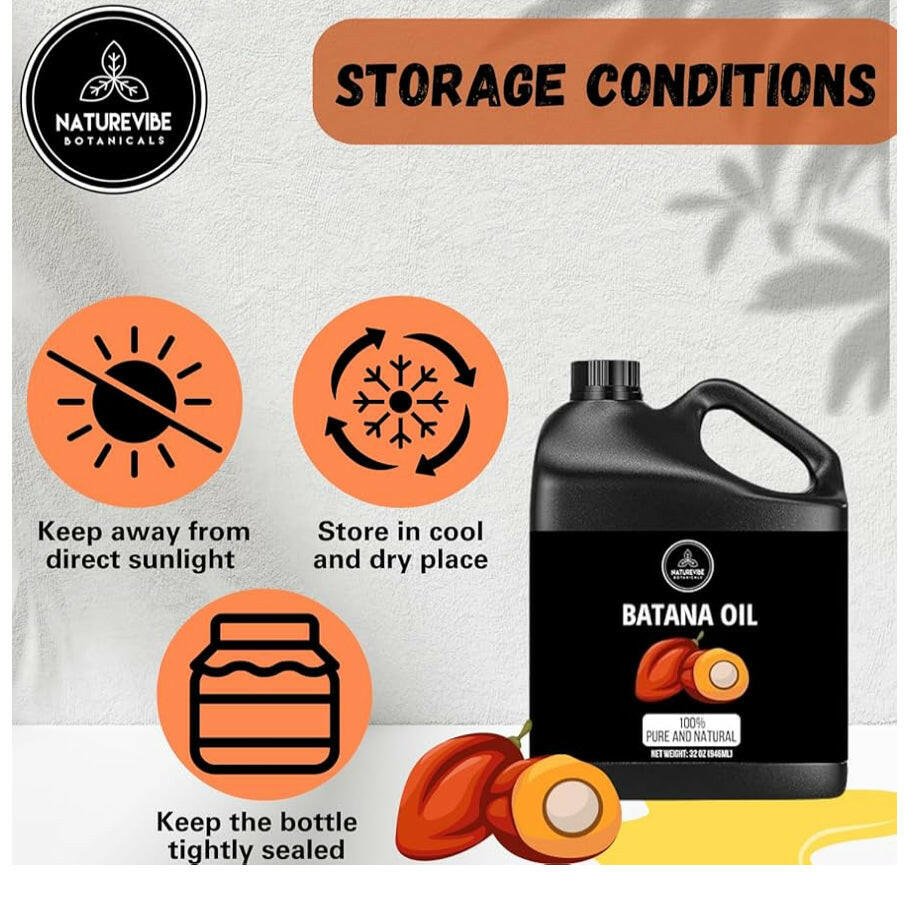 Batana Oil by NatureVibe Botanicals promotes healthy hair growth and volume with proper storage instructions.
